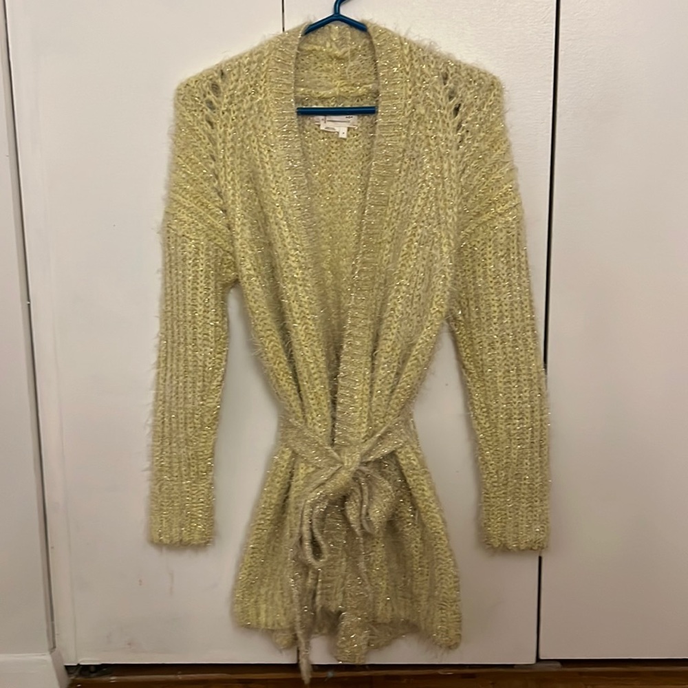 Anthropologie Women’s Sweater Cardigan with Belt Strap - Yellow Glitter - Size S